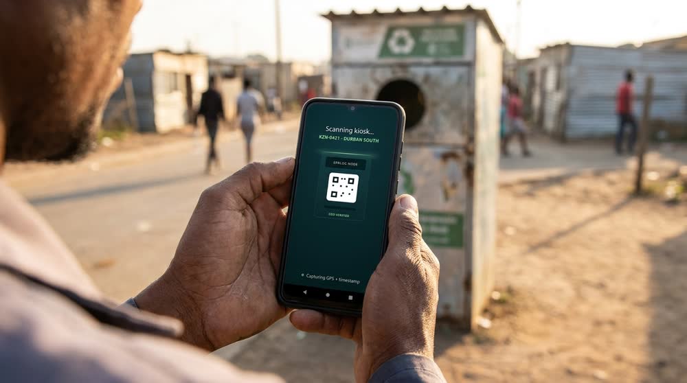 Field worker capturing a GPS-verified collection at a kiosk