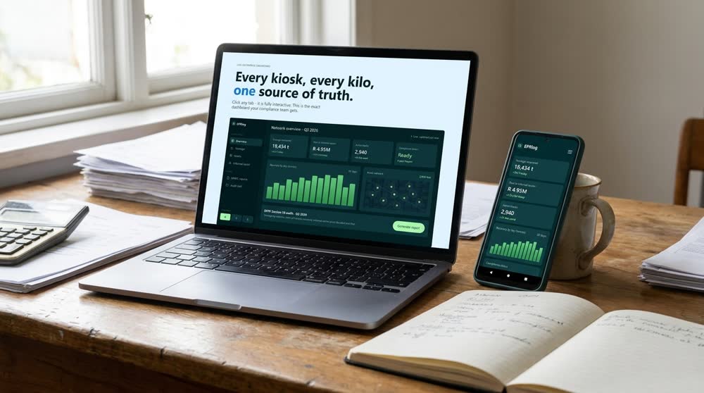 EPRlog dashboard on a laptop next to the mobile app